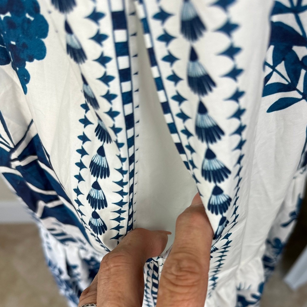 Farm Rio NWT Ancient Garden toile Pagoda Tiered Midi Dress SZSM White Blue Puff - Picture 8 of 14